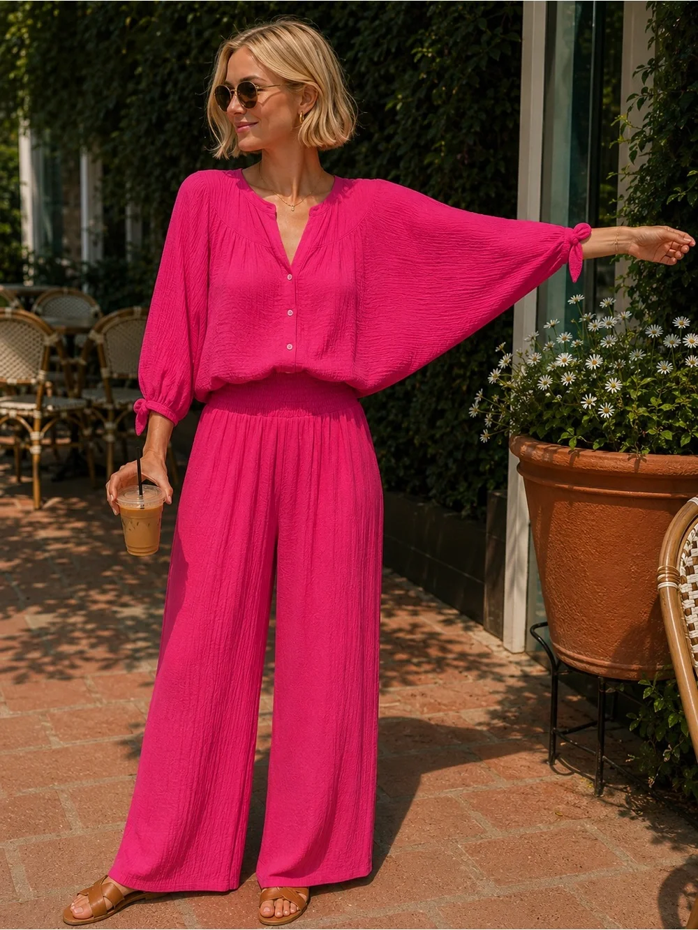 Felicite | Gauze Tie Top & Smocked Gauze Pants Set